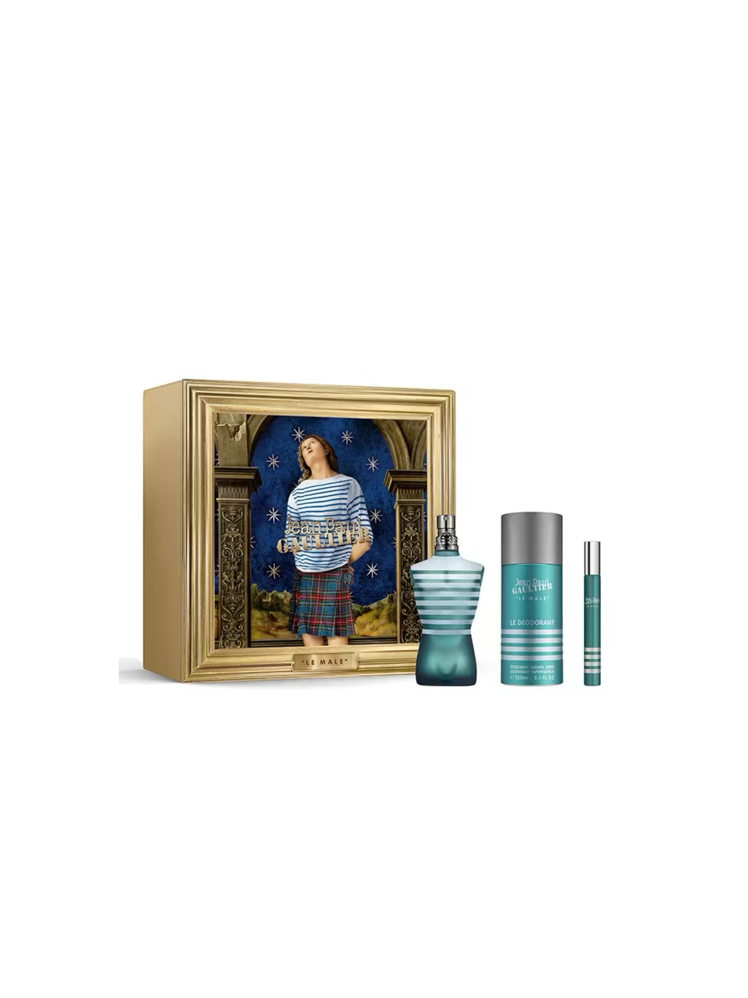 Jean Paul Gaultier Le Male gift set (125 ml EDT + 50 ml after‑shave balm + 75 g deodorant).