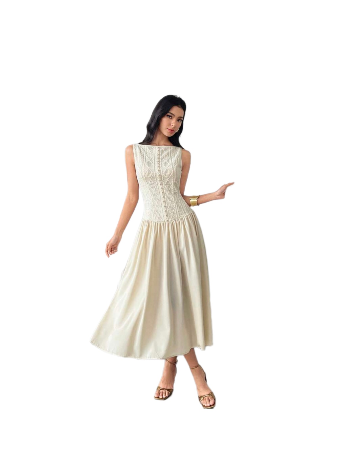 Modelyn Elegant Patchwork Mid-Calf Dress - Beige