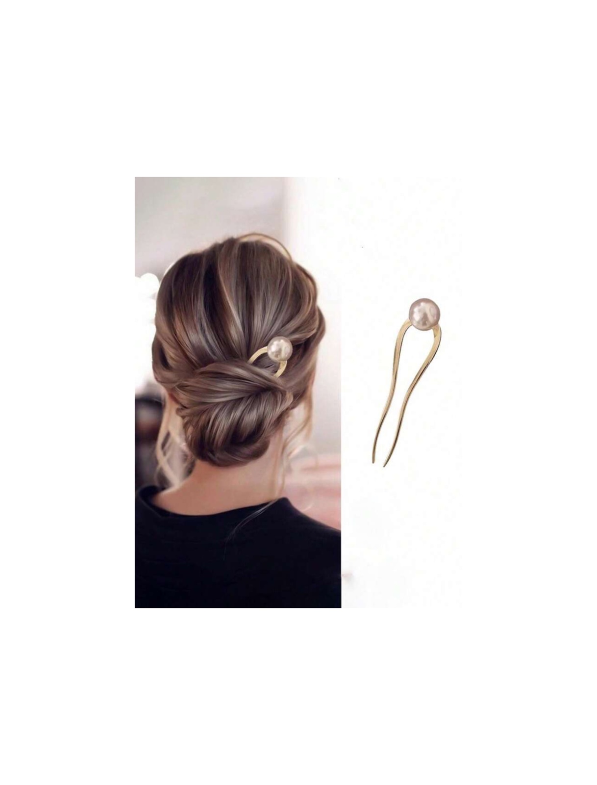 1pc Fashion Faux Pearl U-Shaped Hair Clip-gold